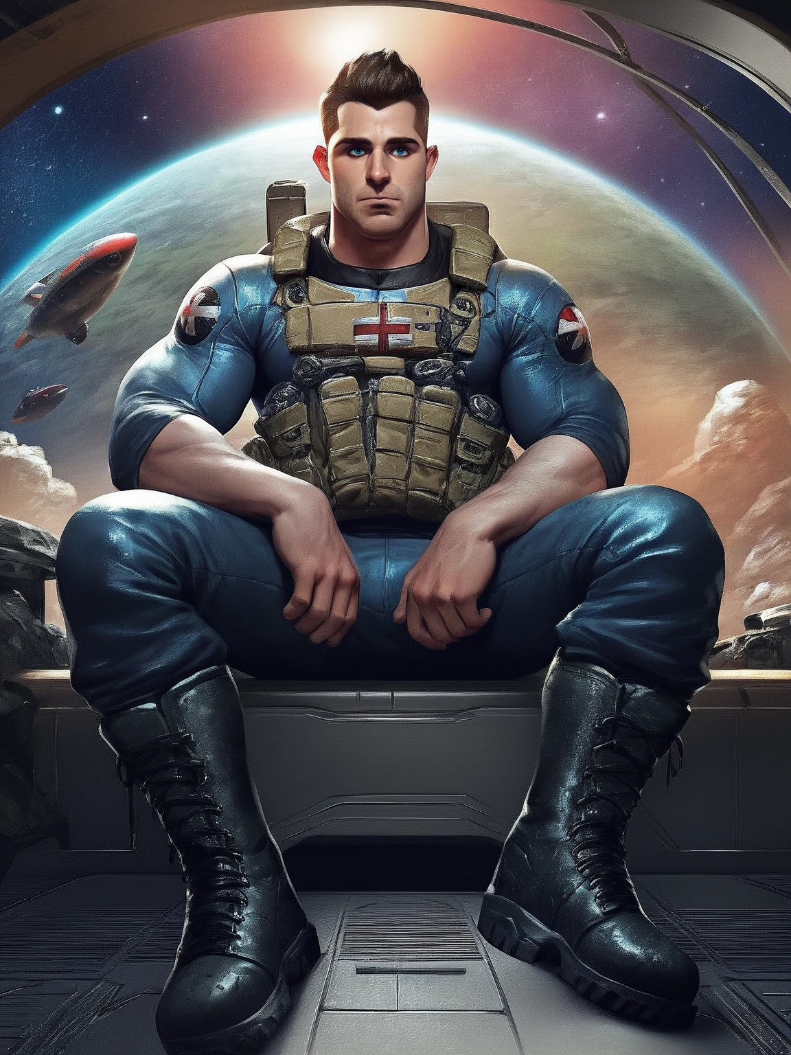 score_9, score_8_up, score_7_up, score_6_up, score_5_up, score_4_up, 1boy, male_focus, black and red pilot_suit, short hair, mctavish, john_soap_mctavish, blue_eyes, brown_hair, stubble, military, utility_belt, fatigues, combat_boots, spacecraft, looking_at_viewer, sitting, in space, galaxy, science_fiction, futuristic, anime