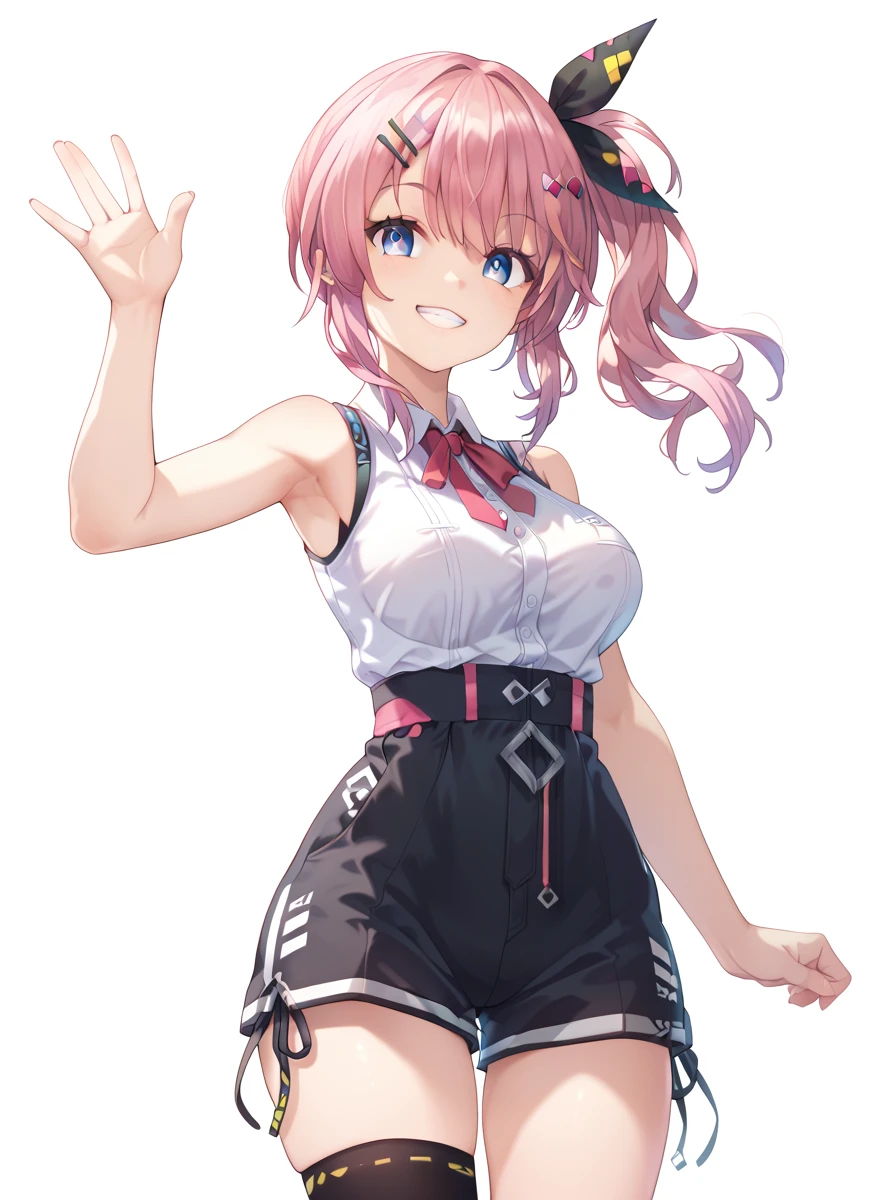score_9, score_8_up, score_7_up, source_anime, zPDXL2, BREAK, light smile, cowboy shot, 1girl, solo, mrt1st, pink hair, hair ornament, side ponytail, white shirt, sleeveless, red ribbon-tie, high-waist shorts, asymmetrical legwear, black shorts, bare shoulders, bare arms, <lora:kuramochi_meruto:0.72> waving, medium breasts, large breasts, standing