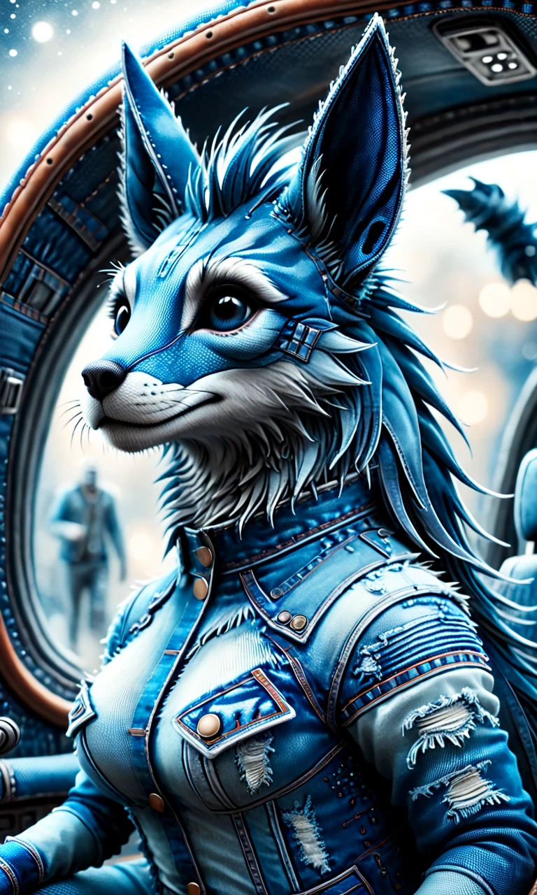 melancholy chupacabra made of distressed denim in spaceship. Depth of field, professional, highly detailed dynamic lighting, photorealistic, 8k, raw, rich, intricate details, vivid colors <lora:denimv12-000010:1.5>