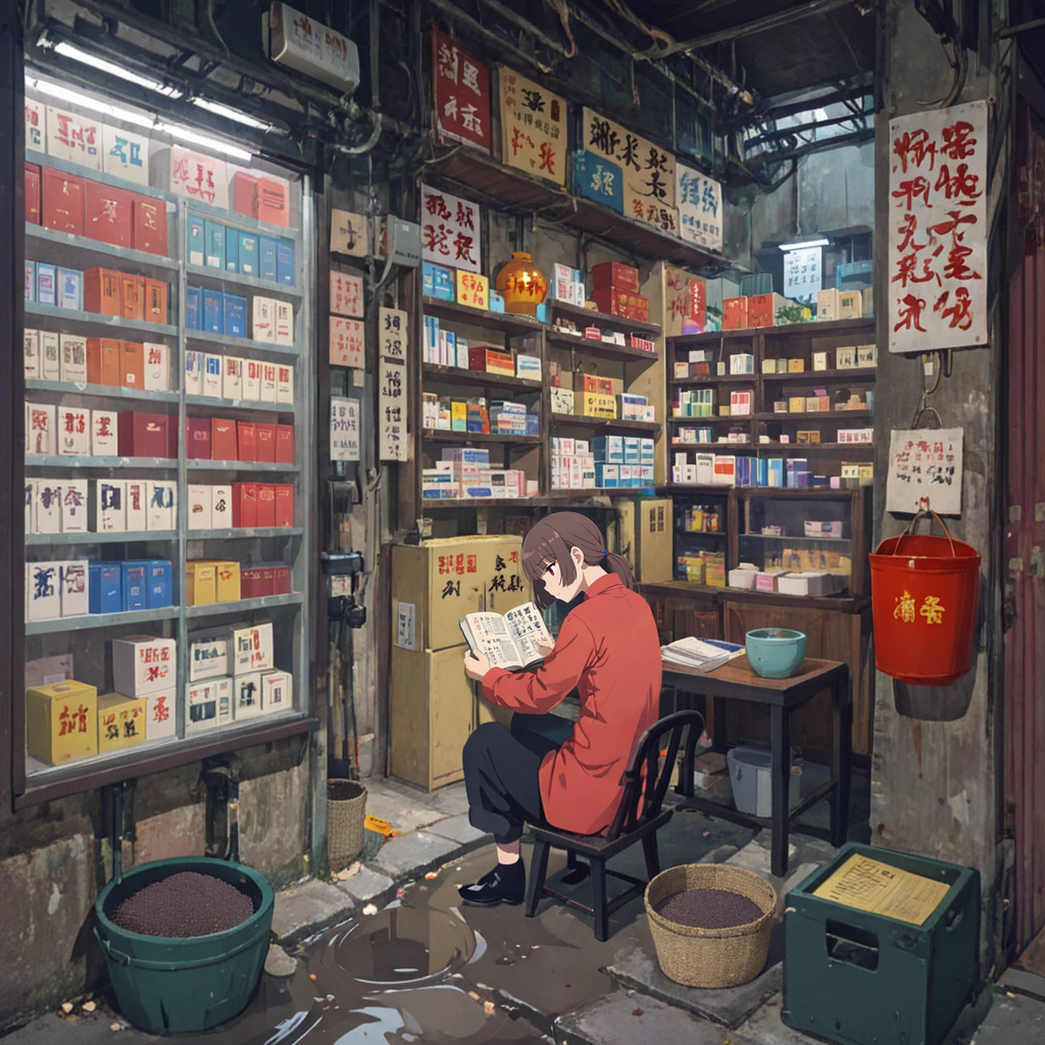 (2d:1.2),(flat color, limited palette:1.6)
china,narrow alley,girl,brown hair, long hair,(brown eyes:1.1),(red chinese shirt,black chia pantaloons:1.6),long sleeves,black chinese shoes, skinny,blunt bangs,medical shop
wooden bucket, water,text poster,small puddle,
industrial pipe, stucked Condenser unit,sitting on chair,reading book,kowloon city,showwindow,shop,
<lora:Vivid:0.8> ,best quality, masterpiece
(dark background:1.2),<lora:Kowloon_City:0.7>