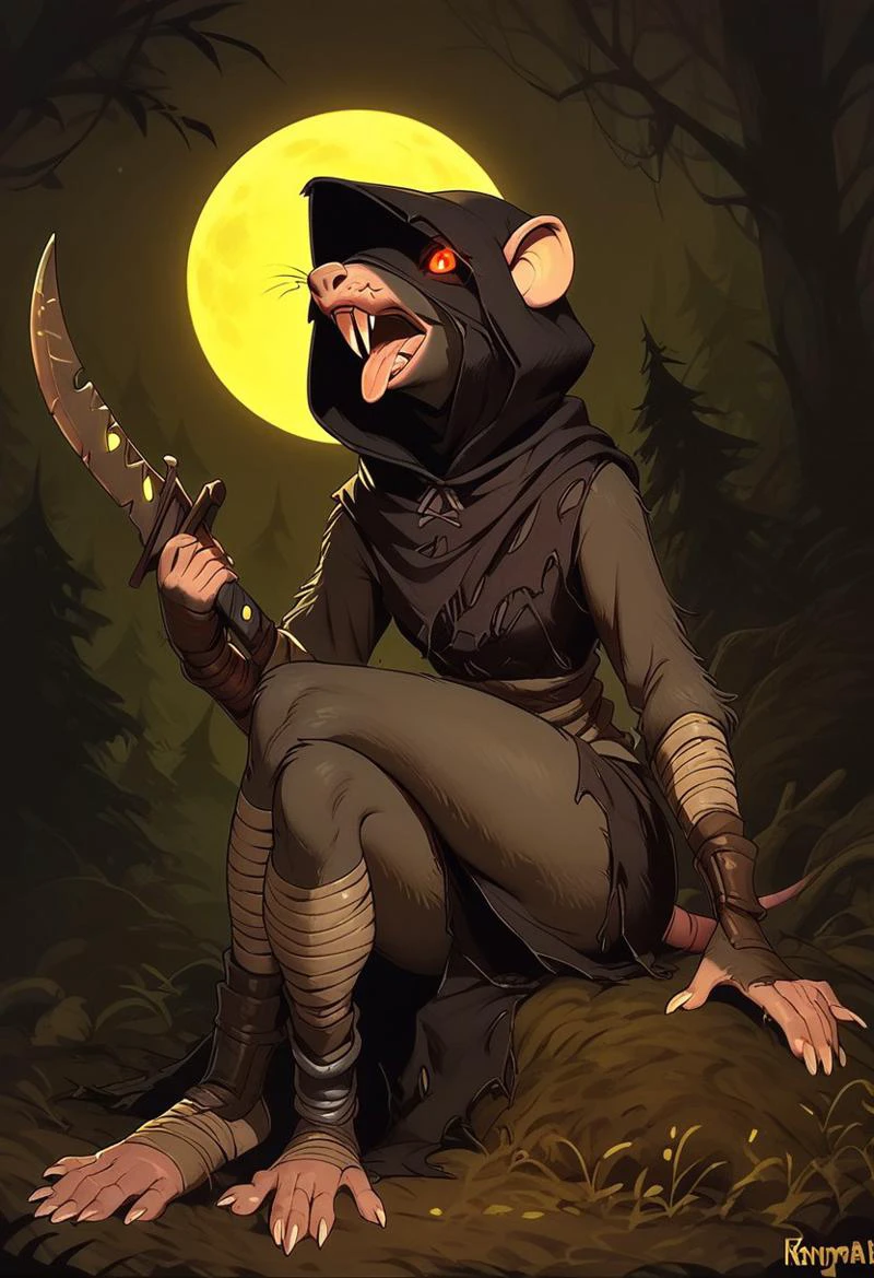 score_9, score_8_up, score_7_up, score_6_up, 1 anthro rat female,  solo, very feminine rat girl, hood, sharp toenails, weapon, holding dagger in hand, tongue out, open mouth, licking dagger blade, black assassin costume, no humans, dark forest background, night time, green moon in sky, seductive look, glowing red eyes, disney cartoon style, sitting on the ground on butt, crossed legs, bonfire behind rat