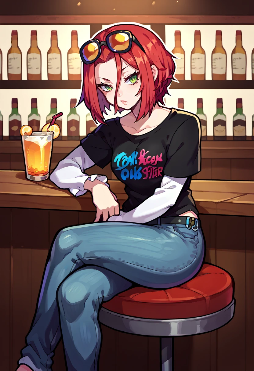 score_9, score_8_up, score_7_up, source_anime, BREAK, solo, 1girl, looking at viewer, bar stool, sitting, drink, crossed legs, <lora:Haru-pdxl_Fp:1>, harudesu, red hair, green eyes, short hair,  <lora:OhyaP5-pdxl:0.7>, sunglasses on head, black t-shirt, clothes writing, layered sleeves, jeans,