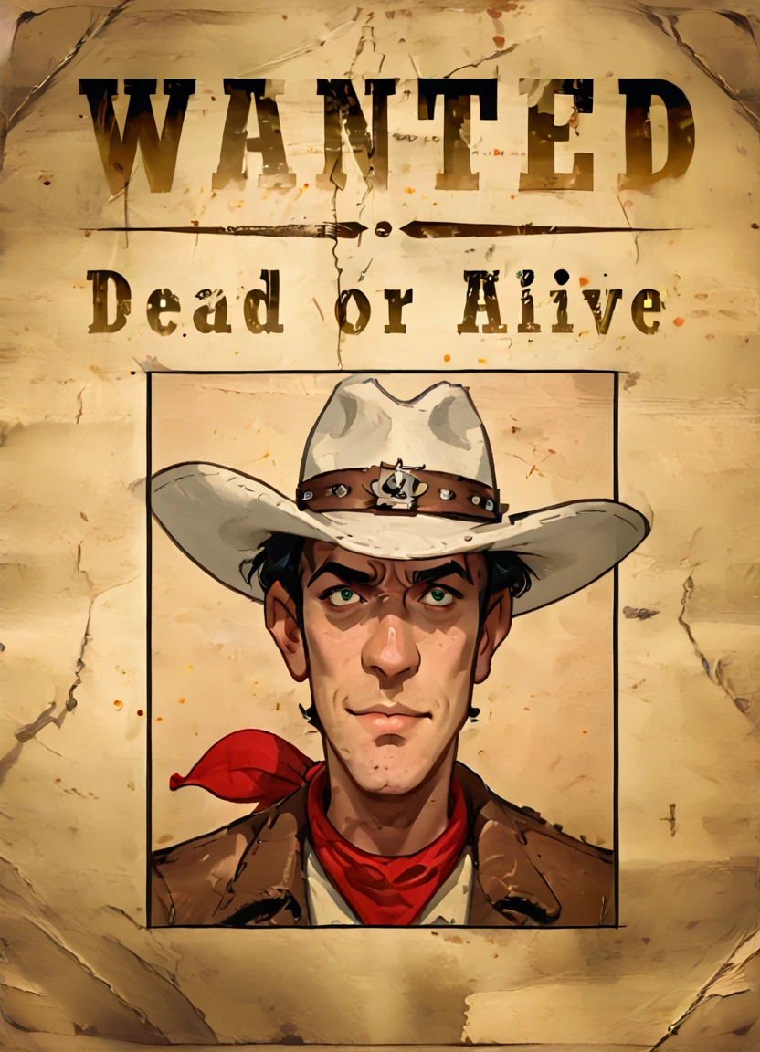wantedposter of  ((luckyluke)), white cowboy hat, black hair, red bandana, portrait,
 <lora:Wanted-Poster:0.85> <lora:LuckyLukePony:0.8>