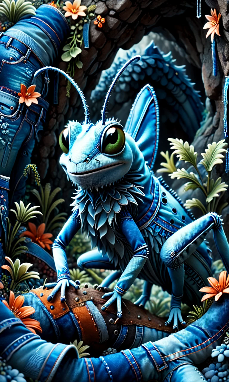 happy Grasshopper made of denim in deep dark cave. Depth of field, professional, highly detailed dynamic lighting, photorealistic, 8k, raw, rich, intricate details, vivid colors <lora:denimv12-000010:1.5>