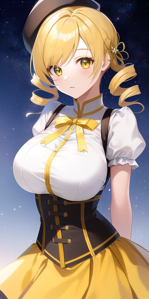 <lora:MamiTomoeV2:0.7> mamiTomoe_drill_sidelocks, huge_breasts, standing, solo, arms_behind_back, starry_sky, white_shirt_high_collar_puffy_short_sleeves_detached_sleeves_black_corset_yellow_neck_ribbon_yellow_miniskirt, black_beret_hat_feather, hair_flower_hairpin, masterpiece, best_quality, detailed_face, detailed_eyes, highres, beautiful, detailed, absurdres,