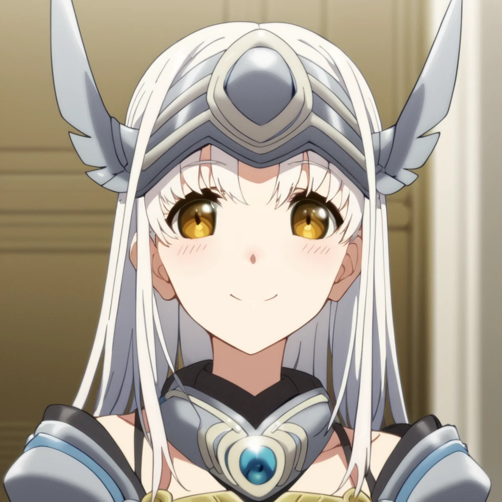 score_9, score_8_up, score_7_up, score_6_up, score_5_up, score_4_up, source_anime,  Kaori-Zweit, yellow eyes, white hair, armor, head wings, smile, portrait