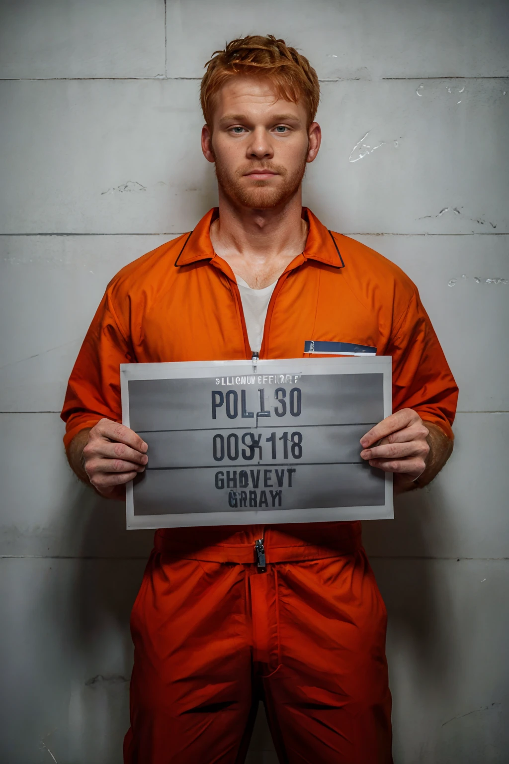 gray wall of police station, (height chart:1.3), (mugshot), holding sign, slight frown, ginger hair, slight facial scruff, CalhounSawyer, wearing orange prison jumpsuit, (male focus:1.5) <lora:CalhounSawyer:0.8> <lora:mugshot:0.6>