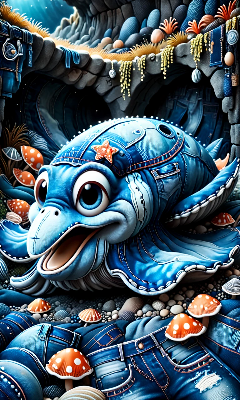 happy Clam made of distressed denim in deep dark cave. Depth of field, professional, highly detailed dynamic lighting, photorealistic, 8k, raw, rich, intricate details, vivid colors <lora:denimv12-000010:1.5>
