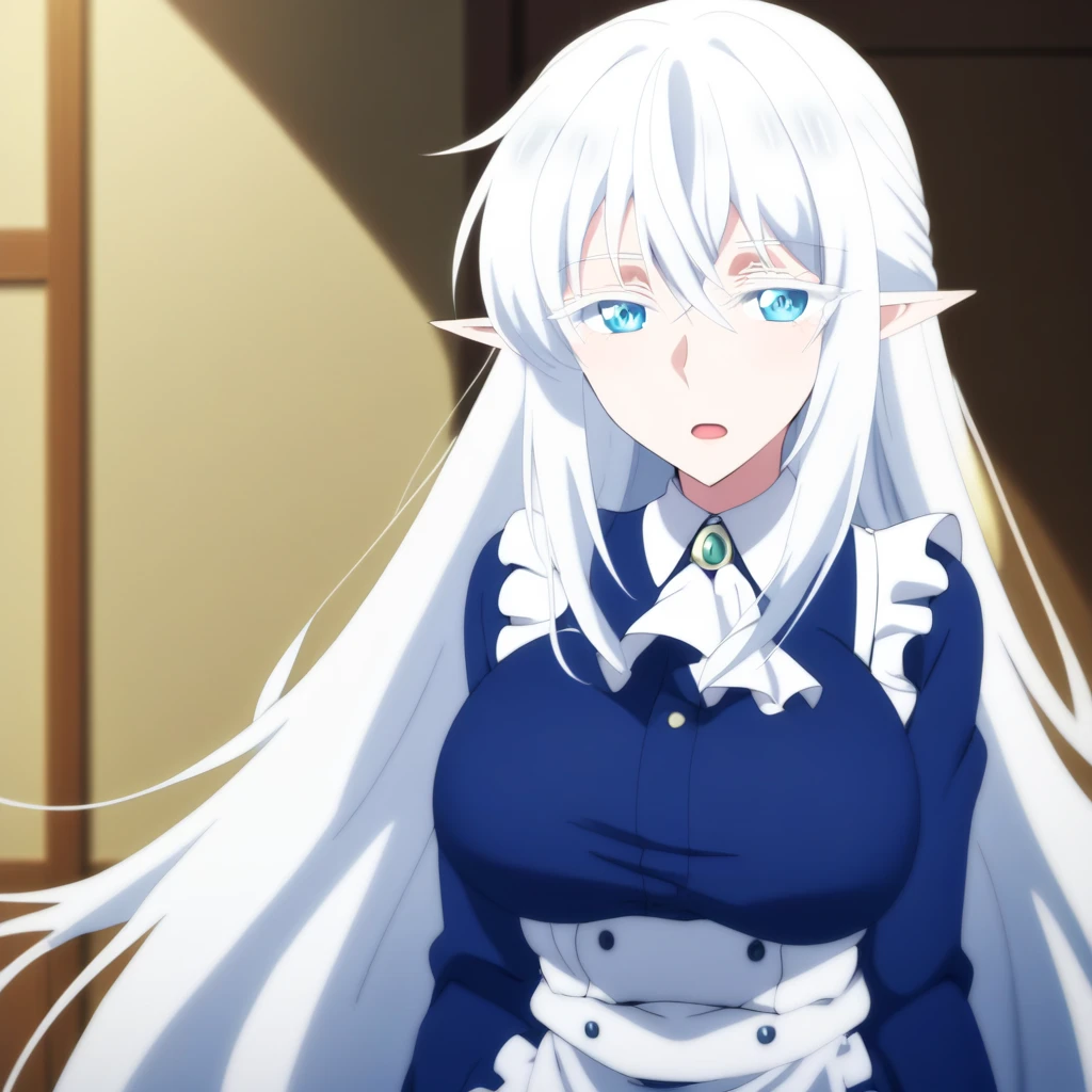 score_9, score_8_up, score_7_up, BREAK source_anime,  schnee raizar, blue eyes, white eyelashes, white hair, long hair, large breasts, pointy ears, long blue dress, white apron, long sleeves,