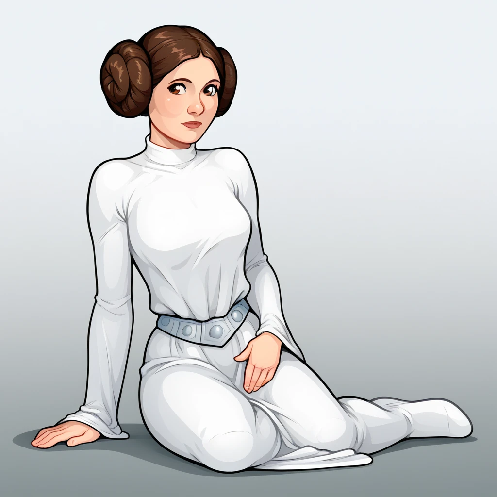 score_8_up, BREAK, princessleia, 1girl, solo, brown hair, hair buns, brown eyes, white dress, long sleeves, belt, full body, sitting on floor, gradient background,  <lora:PrincessLeia_PXL_Leaf1:1>