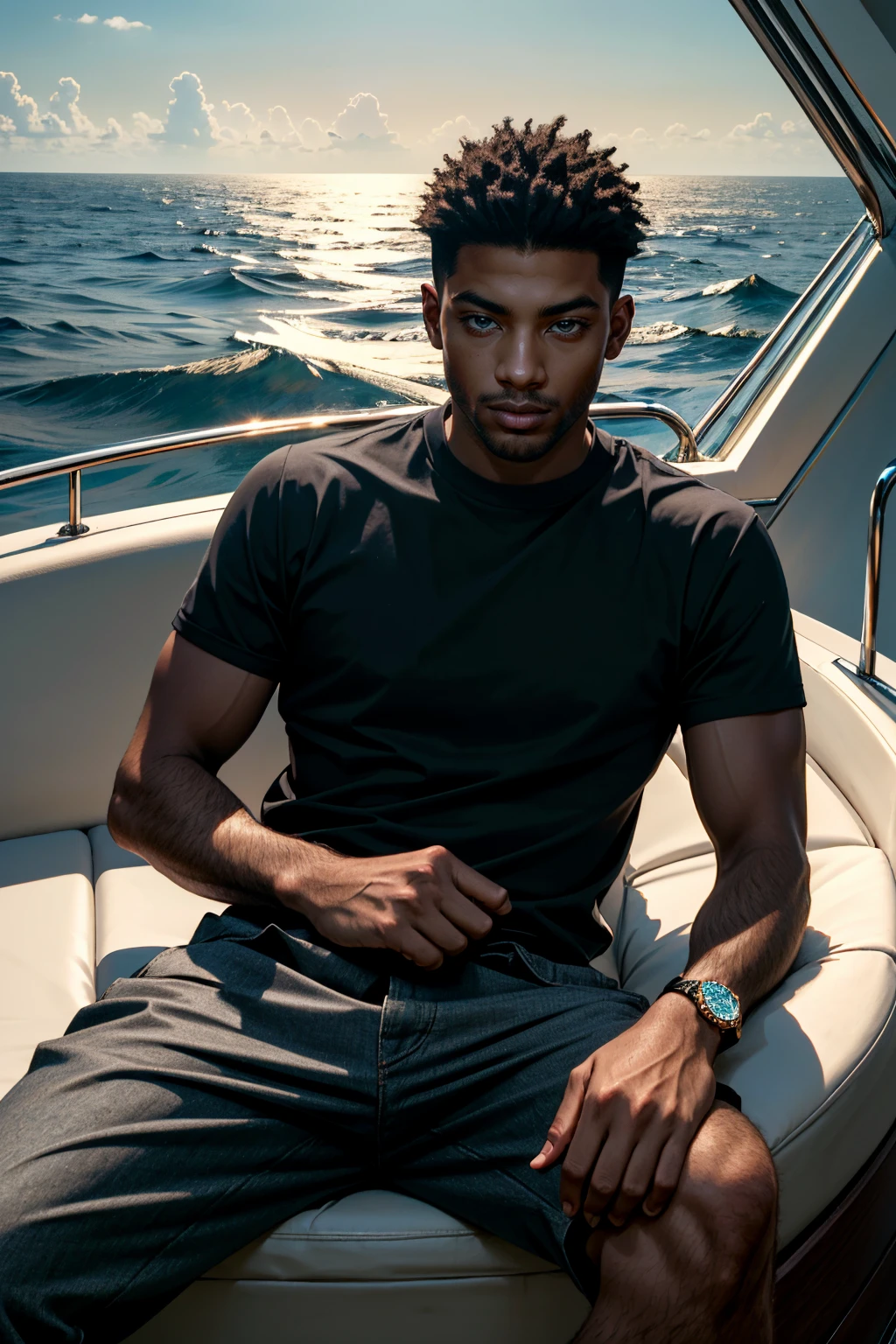 ((ultra detailed, masterpiece, absurdres))
 <lora:MOMAlex:0.8>
MOMAlex, 1boy, dark skin, short hair, looking at viewer, lounging on a luxurious yacht, with the ocean stretching out behind him