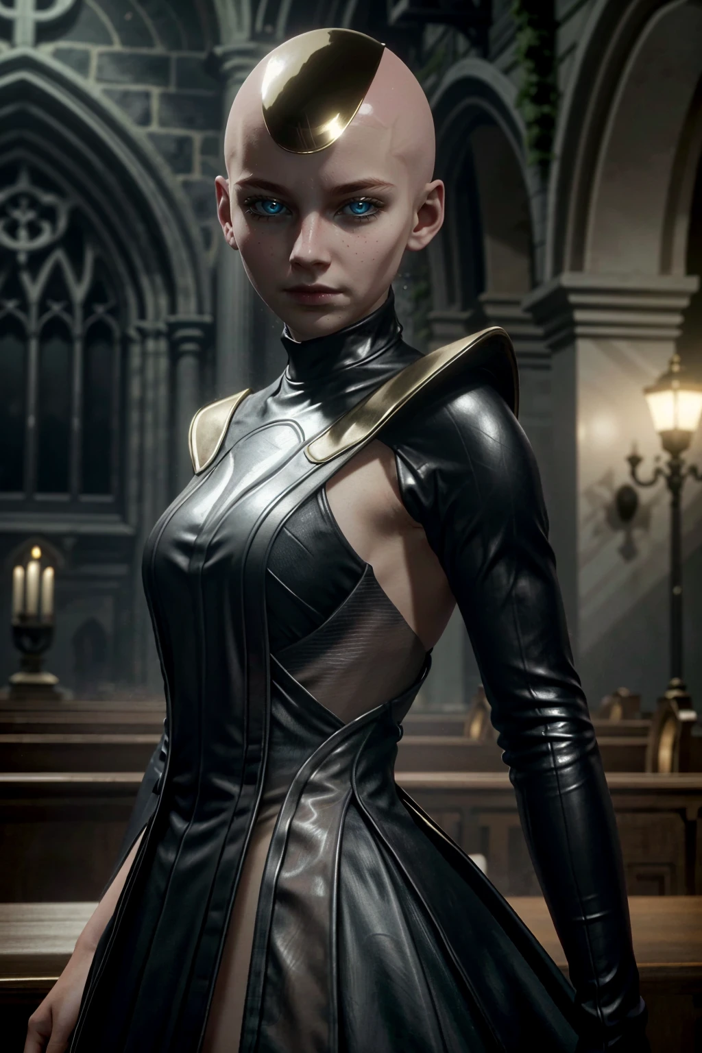 ((ultra detailed, masterpiece, absurdres))
 <lora:MKKronika:0.8>
MKKronika, 1girl, bald, simple background, looking at viewer, portrait of a model, Gothic-inspired dress, old cathedral, dark and moody lighting