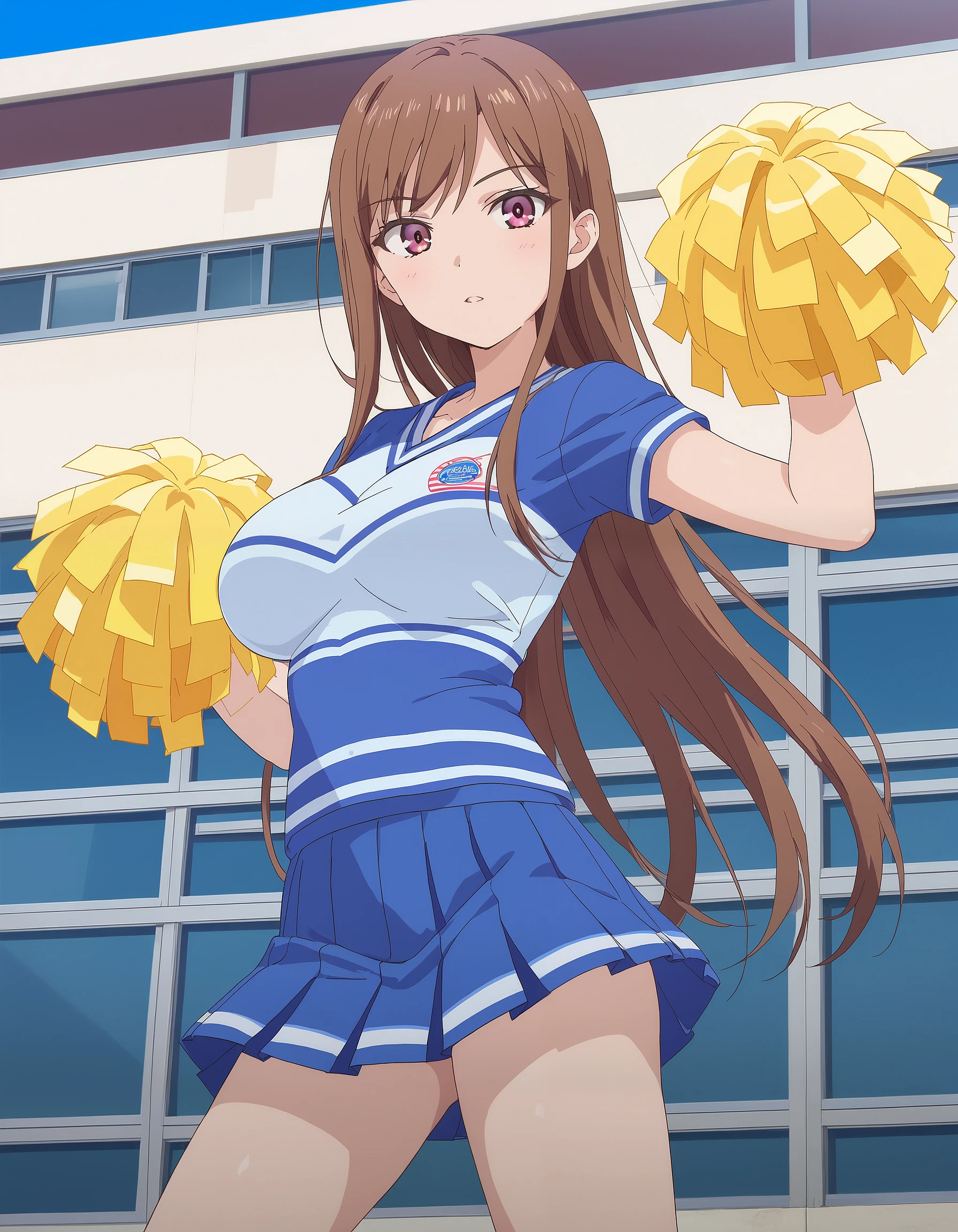 score_9, score_8_up, score_7_up, masterpiece, absurdres, source_anime, perfect anatomy,

1girl, solo,

AyaneShirakawa, long hair, brown hair, bangs, pink eyes, big breast,
cheerleader uniform, two tone, shirt, blue shirt, mini skirt, blue skirt, yellow pom-poms,

outdoors, school, sexy pose, blush,
looking at viewer, cowboy shot,