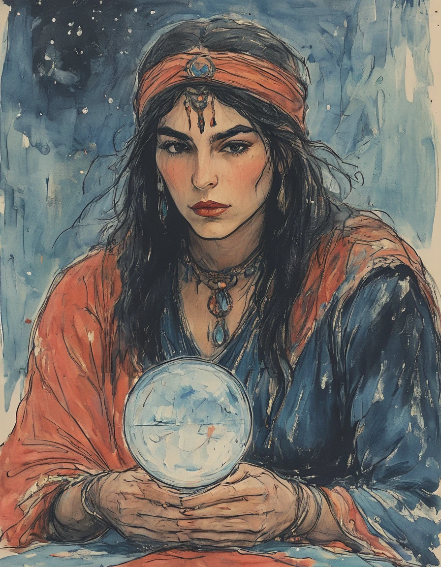 a gypsy fortune teller gazing into a crystal ball that shows a vision of your future