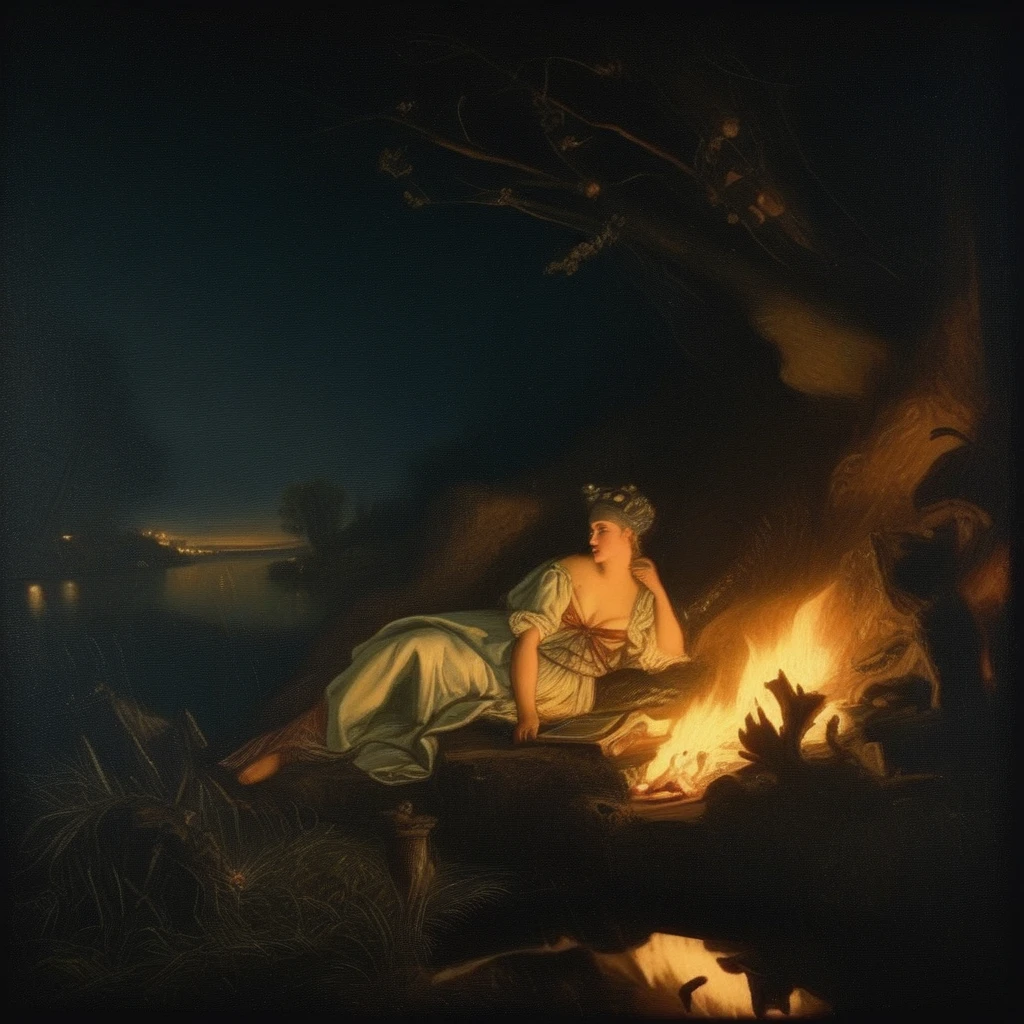 francois boucher, medieval alchemist in the dark, nymph in the water, at a campfire at night, herluf bidstrup, beautiful aesthetic, roman festival backdrop