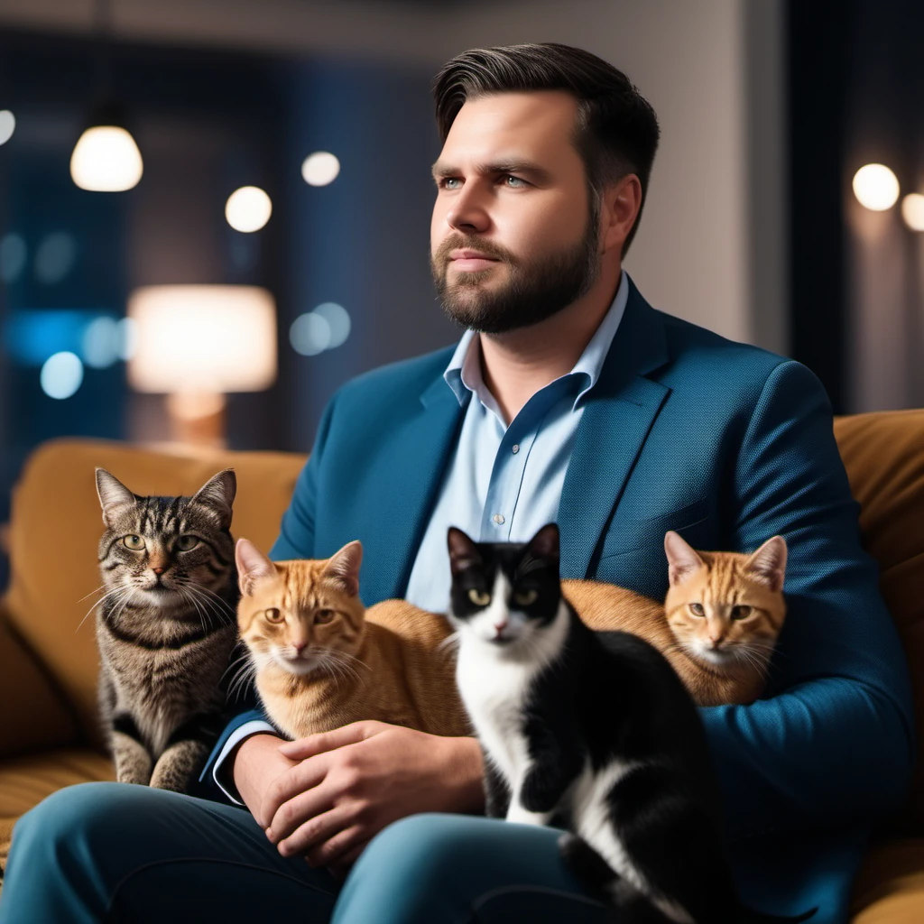 cinematic photo a man, facial hair, sits on a couch with cats <lora:Vance1024_r1:0.8> . 35mm photograph, film, bokeh, professional, 4k, highly detailed