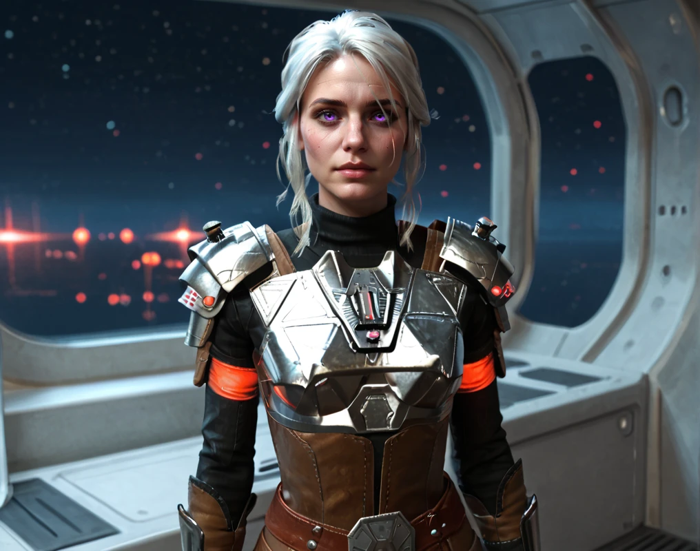 score_9, score_8_up, score_7_up, Iokath-Annhilator, Star Wars, Ciri, 1girl, solo, female focus, round face, puffy eyes, gloves, silver hair, glowing purple eyes, turtleneck, breastplate, realistic, standing, spacecraft interior, dark, dim, neon lights, waist up, armor, <lora:Iokath_Annhilator:.7>  <lora:ciri_pony_sdxl_50:.5>