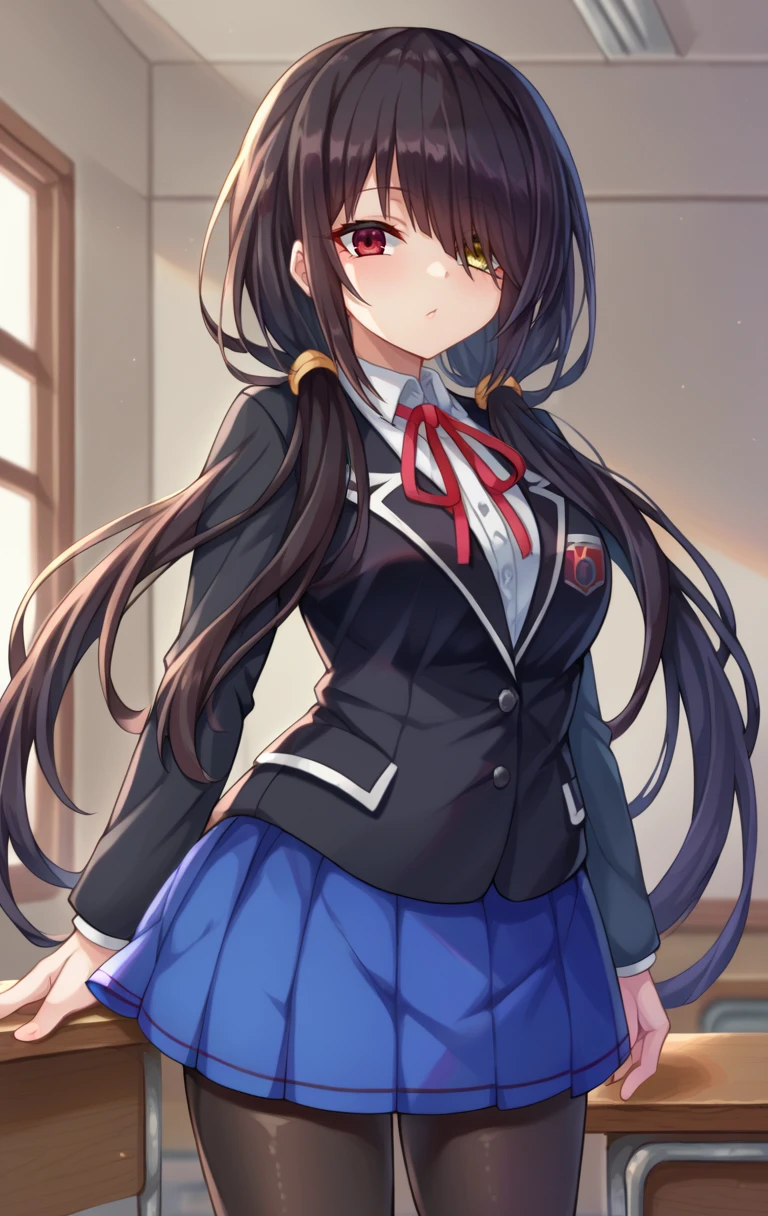 score_9,score_8_up,score_7_up BREAK <lora:tokisakikurumi:0.9> tokisakikurumiSDXL,1girl,long hair,skirt,black hair,red eyes,yellow eyes,long sleeves,ribbon,twintails,school uniform,jacket,pantyhose,pleated skirt,heterochromia,hair over one eye,red ribbon,blue skirt,black jacket,black pantyhose,neck ribbon,blazer,tokisaki kurumi,cowboy shot,room,room background,