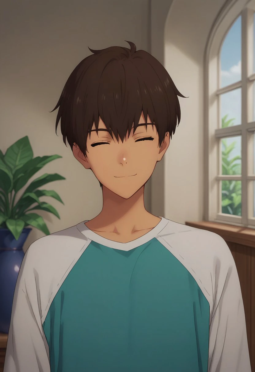 score_9, score_8_up, score_7_up, source_anime, highly detailed, 
rionmizumori, 1boy, male focus, dark-skinned male, closed eyes, dark skin, solo, brown hair,
smile, upper body, looking at viewer, shirt, raglan sleeves,
indoor, window, plant