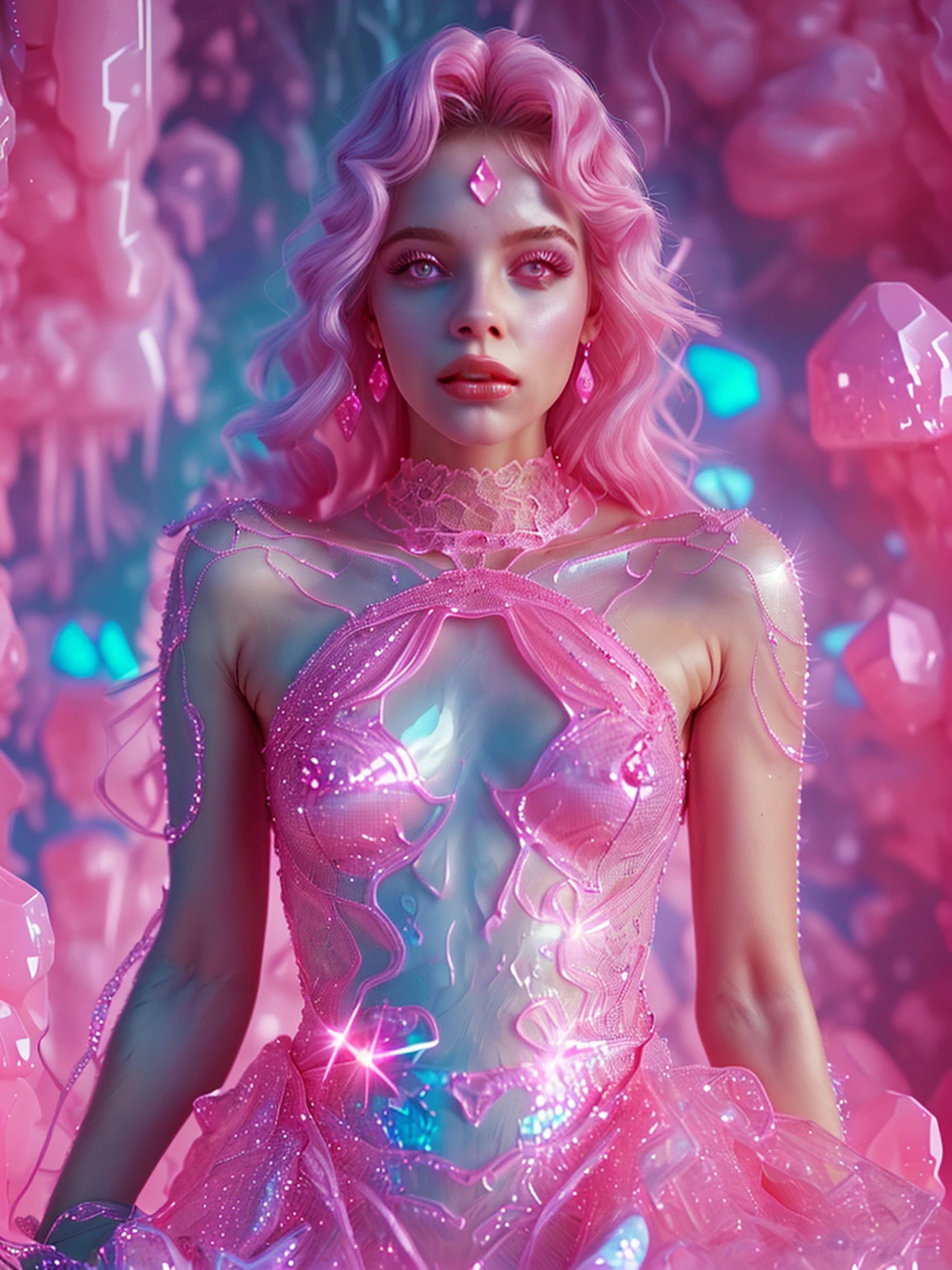 woman in a pink shiny crystal and neon dress in pastel colors with transparent lace, against a background of pink crystals 8k realistic photo