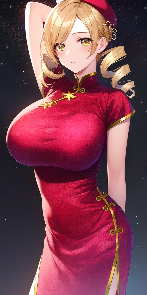 <lora:MamiTomoeV2:0.7> mamiTomoe_drill_sidelocks, huge_breasts, standing, solo, arms_behind_back, starry_sky, china_dress, black_beret_hat_feather, hair_flower_hairpin, masterpiece, best_quality, detailed_face, detailed_eyes, highres, beautiful, detailed, absurdres,