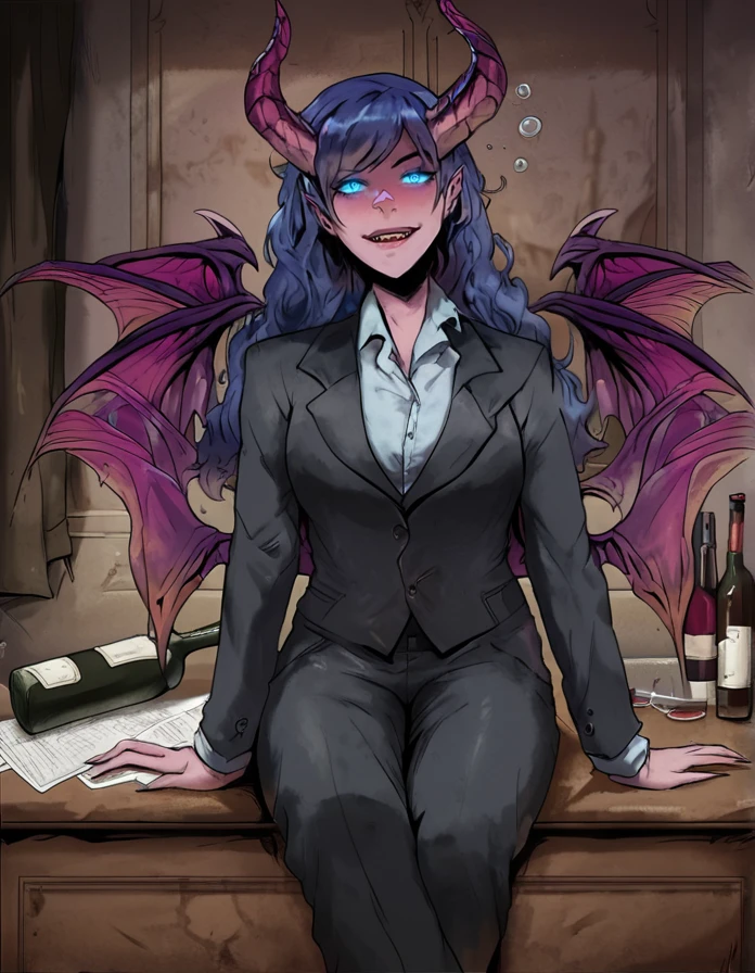 score_9, score_8_up, score_7_up,     detailed background, realistic lighting, background : room interior,
1 girl, detailed eyes,slim and fit, solo, dynamic pose, sitting,
<lora:My_Lovely_Wife_Style:1.3>, (LovelyWstyle, )
succubus, demon wings, horns, office suit, blue eyes, eye glow, long hair, drunk, wine bottle,