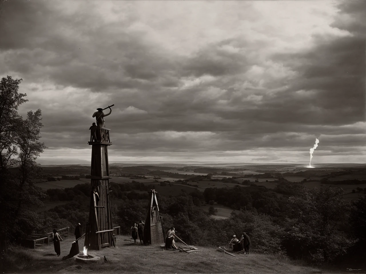 England, 1860, gallows on top of a hill, nude victims, eerie atmosphere, torches<lora:VintageBW:1> highest quality