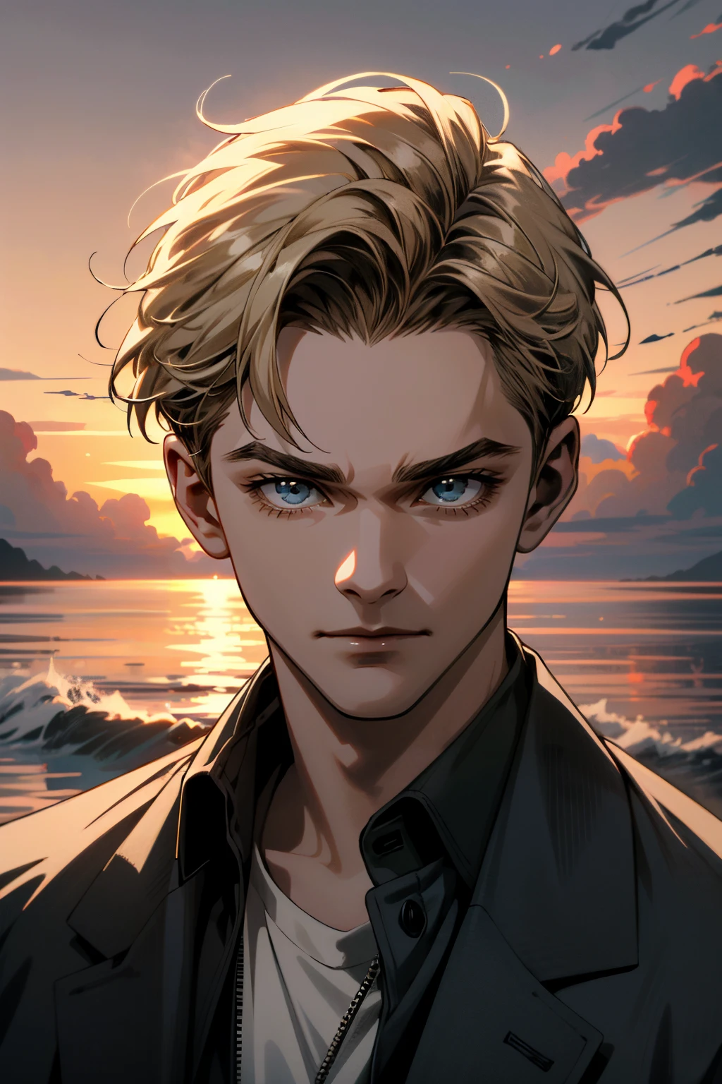 ((ultra detailed, masterpiece, absurdres))
 <lora:MOMConrad:0.8>
MOMConrad, 1boy, short hair, blonde hair, looking at viewer, in front of dramatic sunset