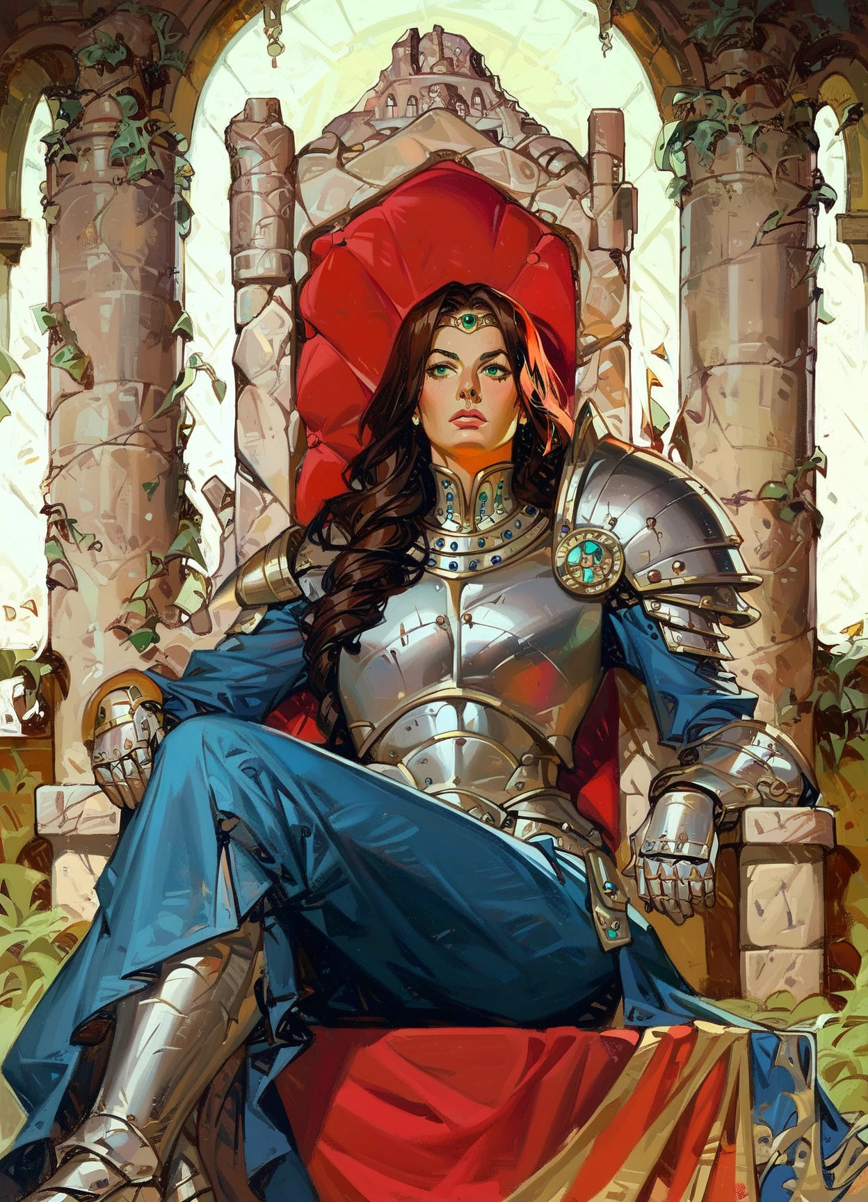 score_9, score_8_up, score_7_up, score_6_up, score_5_up, score_4_up, leyendecker, 1girl, solo, female focus, sitting on throne, brown hair, green eyes, long hair, suit of armor, (crossed legs, greaves:0.5), half body, stone walls, indoors, castle