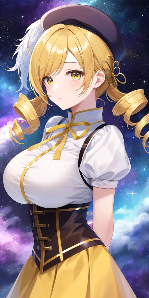 <lora:MamiTomoeV2:0.7> mamiTomoe_drill_sidelocks, huge_breasts, standing, solo, arms_behind_back, starry_sky, white_shirt_high_collar_puffy_short_sleeves_detached_sleeves_black_corset_yellow_neck_ribbon_yellow_miniskirt, black_beret_hat_feather, hair_flower_hairpin, masterpiece, best_quality, detailed_face, detailed_eyes, highres, beautiful, detailed, absurdres,