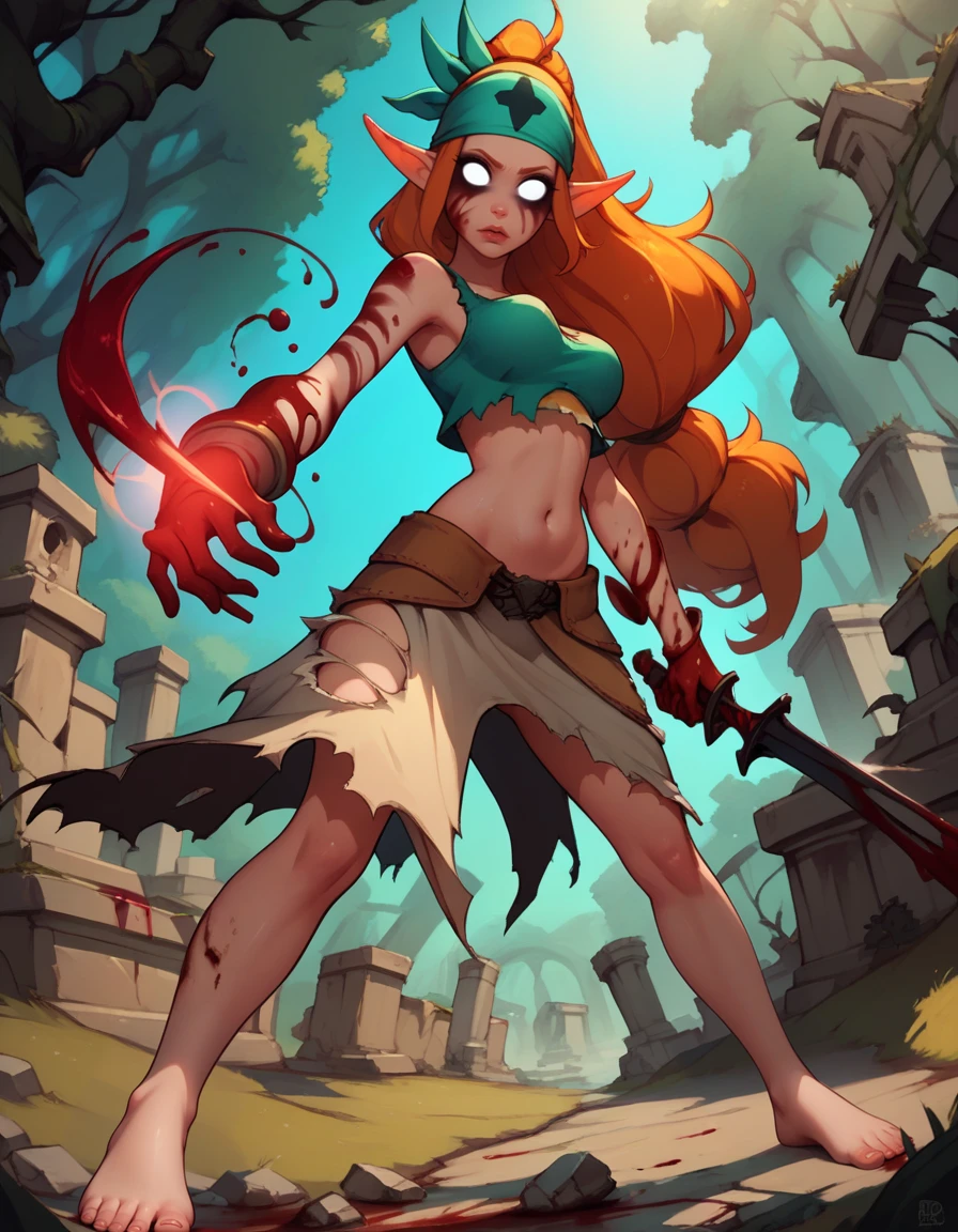 score_9, score_8_up, score_7_up,score_6_up, score_5_up, score_4_up , 1girl, solo, 
SacrierDG,
large breasts,
long hair, orange hair, pointy ears, no pupils, shackles, 
pelt, armor, crop top, torn clothes, blood on hands, bandana,  barefoot,
lips,
outdoors, ruins, forest,
from below,
looking at viewer, 
fighting stance, magic,
<lora:Sacrier DG PXL v01:0.90>