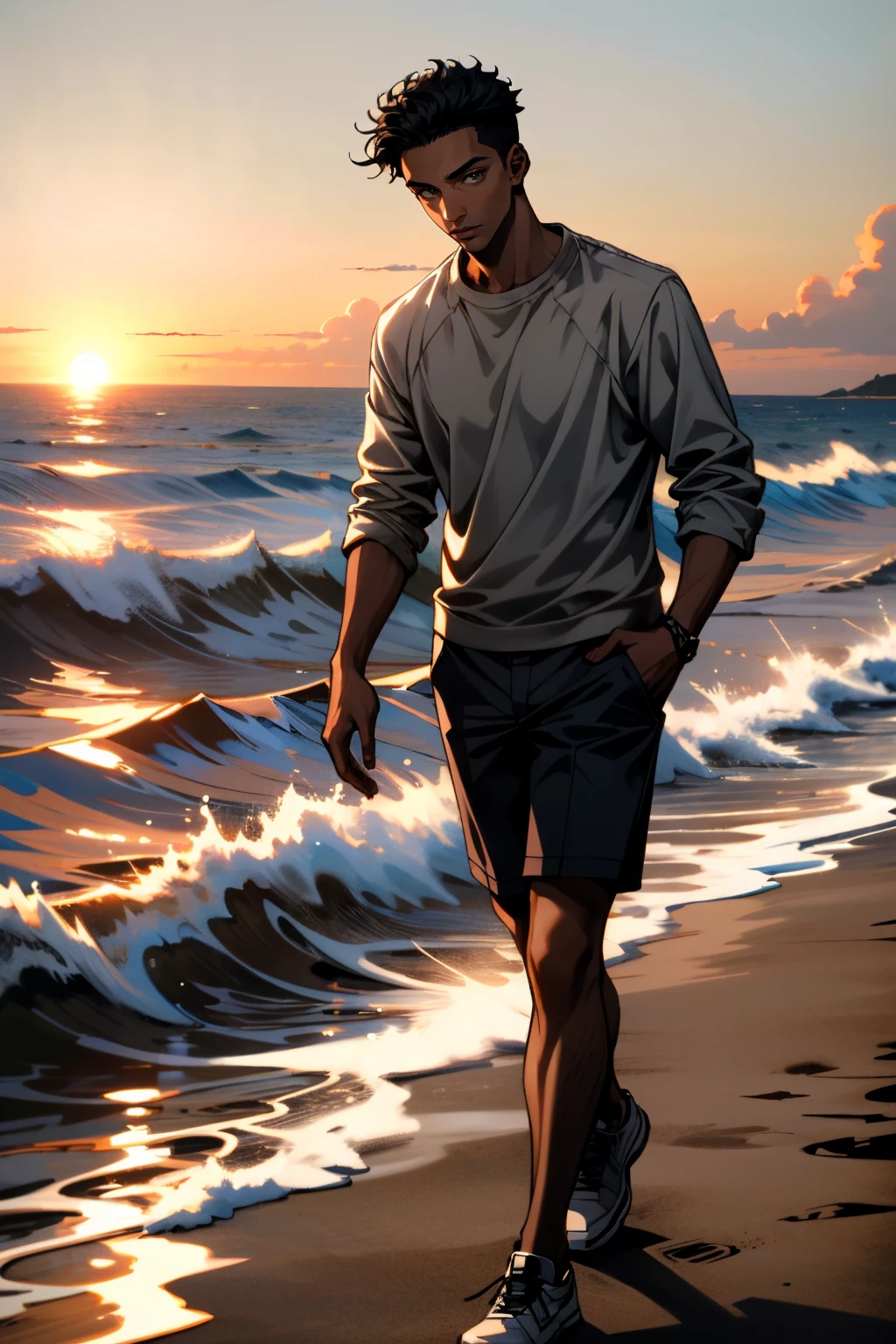 ((ultra detailed, masterpiece, absurdres))
 <lora:MOMAlex:0.8>
MOMAlex, 1boy, dark skin, short hair, looking at viewer, walking along a sandy beach at sunset, with waves crashing in the background