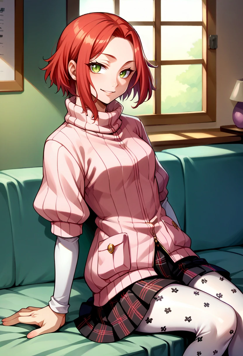 score_9, score_8_up, score_7_up, source_anime, BREAK, solo, 1girl, looking at viewer, smile, sitting, <lora:Haru-pdxl_Fp:1>, harudesu, red hair, green eyes, short hair,  <lora:HaruP5-pdxl:0.7>, pink ribbed sweater, turtleneck sweater, short over long sleeves, plaid skirt, pleated skirt, print pantyhose