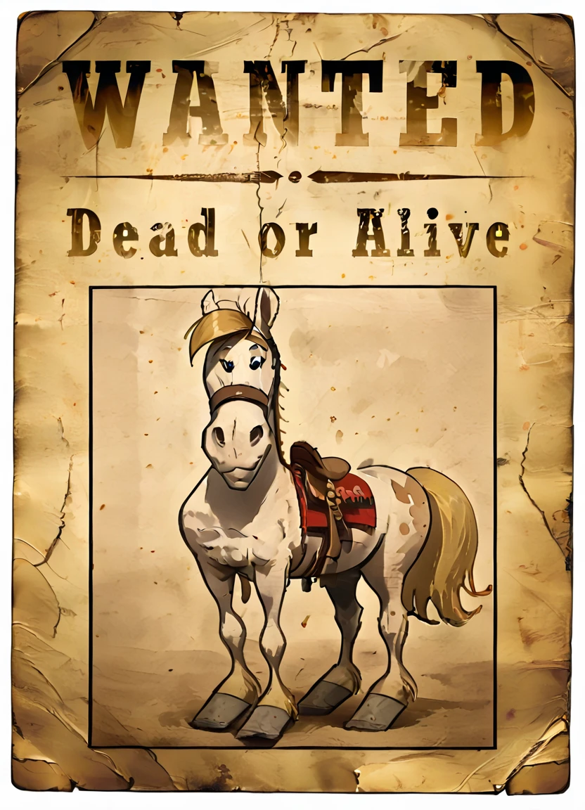wantedposter of ((jollyjumper)), white horse, blonde mane, smile,
<lora:Wanted-Poster:0.85> <lora:LuckyLukePony:0.8>