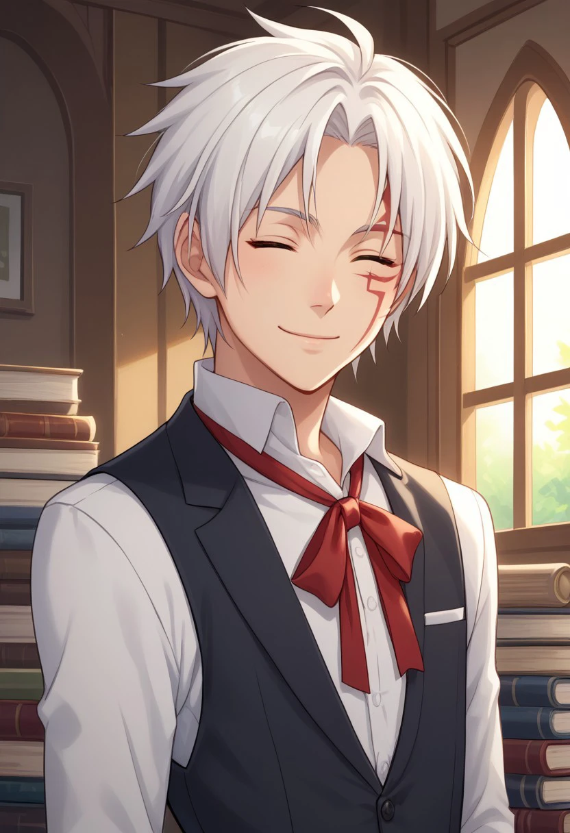 score_9, score_8_up, score_7_up, source_anime, highly detailed, 
allenwalker, 1boy, male focus, solo, white hair, formal, ribbon, upper body, jacket, slender, skinny, closed eyes,
facial mark, vest, ribbon, neck ribbon, red ribbon, shirt, white shirt, smile, closed mouth, looking at viewer,
indoor, window, books,