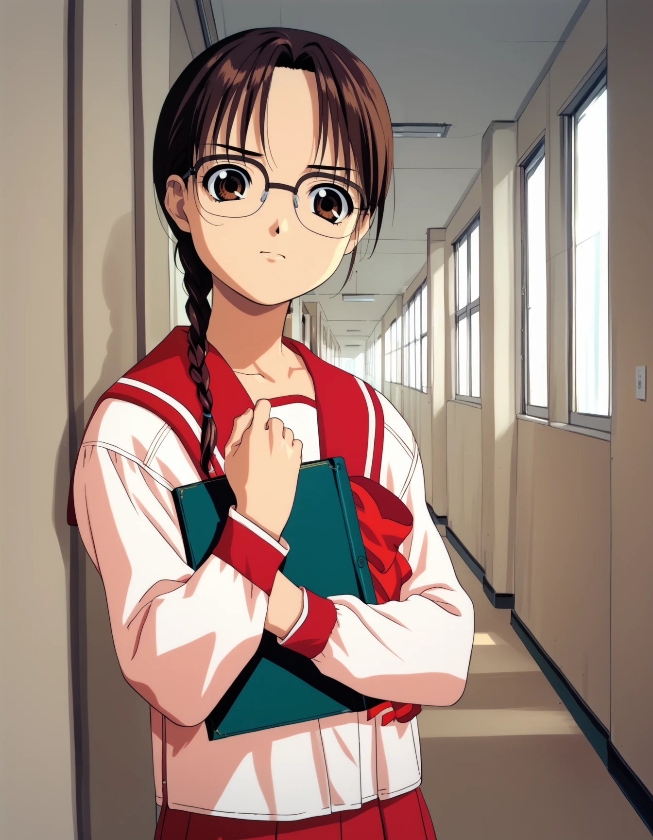 score_9,  score_8_up, score_7_up, <lora:to-heart-ponyxl:0.9> 1girl, solo, hoshina tomoko, over-rim eyewear, serafuku, single braid, annoyed, hallway, school, holding book, looking at viewer, indoors