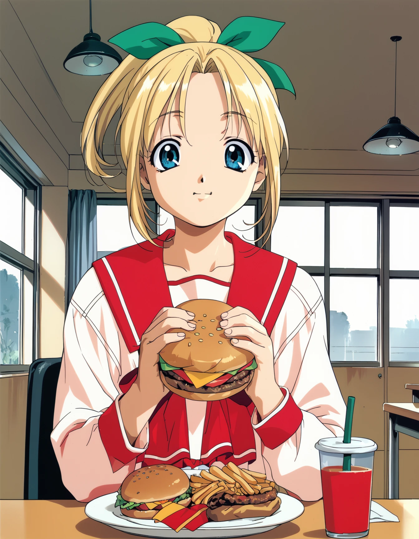 score_9,  score_8_up, score_7_up, <lora:to-heart-ponyxl:0.95> 1girl, solo, miyauchi lemmy, blonde hair, ponytail, hair ribbon, serafuku, hamburger, indoors