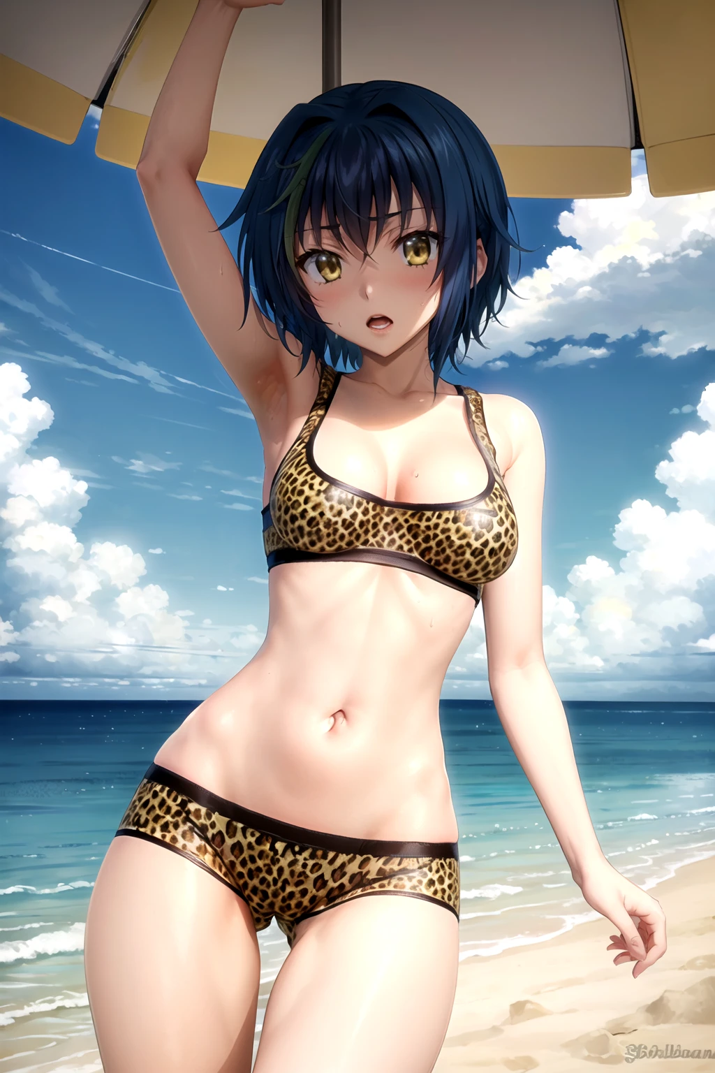 masterpiece, best quality, best aesthetic, ultra detailed, anime, savannah_girl, xenovia quarta, 1girl, (blue hair, short hair:1.2), (yellow eyes:1.2), (large breasts:1.2), (huge breasts:0.7), (wide hips:1.2), (groin, navel:1.2), midriff, (animal print, leopard print:1.2), (sport bra:1.2), yellow bra, (yellow shorts, short shorts, boyshort panties:1.3), (cameltoe:1.1), standing, cowboy_shot, legs apart, (arms_at_sides:1.2), (front view:1.2), thigh gap, sweat drop, (open mouth:1.2), beach, ocean, sand, horizon, day, outdoors<lora:EMS-13784-EMS:0.800000>, <lora:EMS-444000-EMS:0.800000>