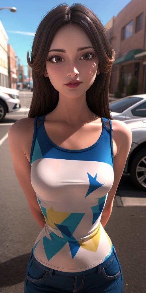 Hyperrealistic, photorealistic, super detailed, colored T-shirt, purple jeans, waist-length wavy brown hair that is split on both sides, brilliant amaranth lipstick, brown eyes, body like in real life, large pores, fair-skinned, beautiful arms, little breasts, unreal engine, octane render, droped shadow, bokeh, cinematic lighting, <lora:add_detail:0.5>, <lora:Volumetric_lighting:0.6>,, <lora:e4743ff2-7ed6-4728-b033-3bc83cb997a4:0.7>