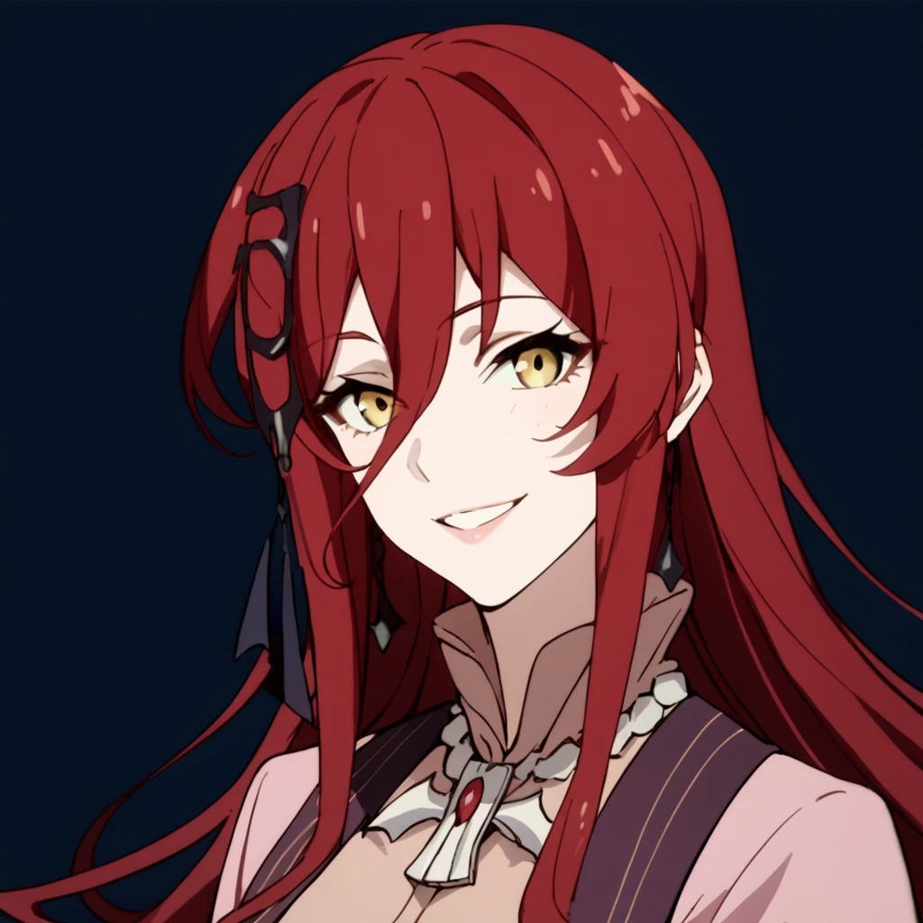 score_9, score_8_up, score_7_up, score_6_up, score_5_up, score_4_up, source_anime,  Grimm, long hair, red hair, yellow eyes, medium breasts, , smile, portrait