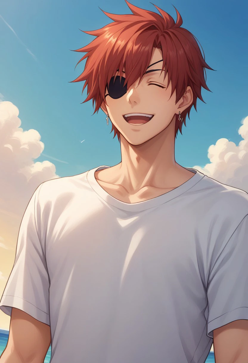 score_9, score_8_up, score_7_up, source_anime, highly detailed, 
lavidgray, solo, eyepatch, 1boy, male focus, red hair,
earrings, jewelry, smile, open mouth, closed eye, upper body, t-shirt, short sleeves,
outdoor, sky,