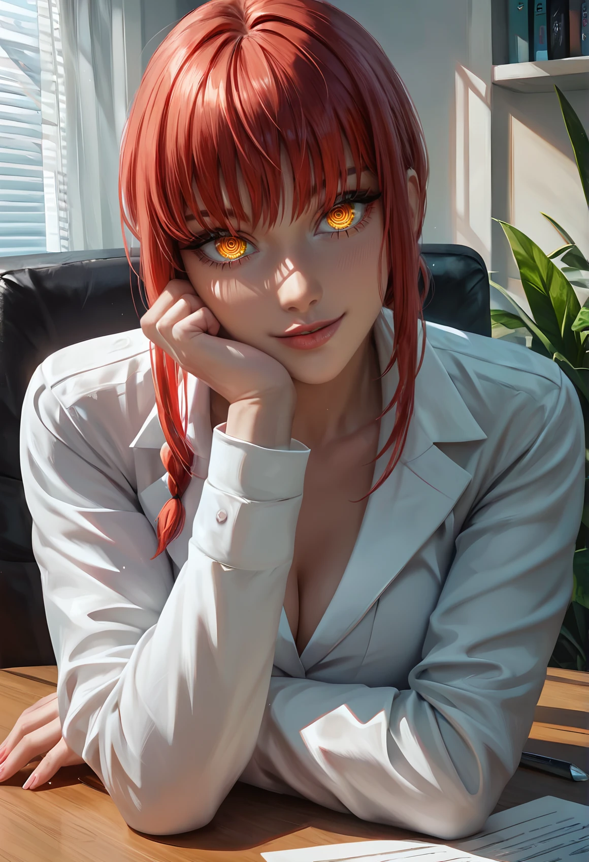 score_9, score_8_up, score_7_up,
ultra realistic, masterpiece, high detailed skin, 
vibrant, highly detailed, award-winning, professional,
beautiful aesthetic, very intricate, high quality details BREAK
1girl, makima \(chainsaw man\), 
formal, business suit, 
upper body, office, desk, head tilt, head rest, 
seductive smile, wide-eyed, detailed eyes, looking at viewer