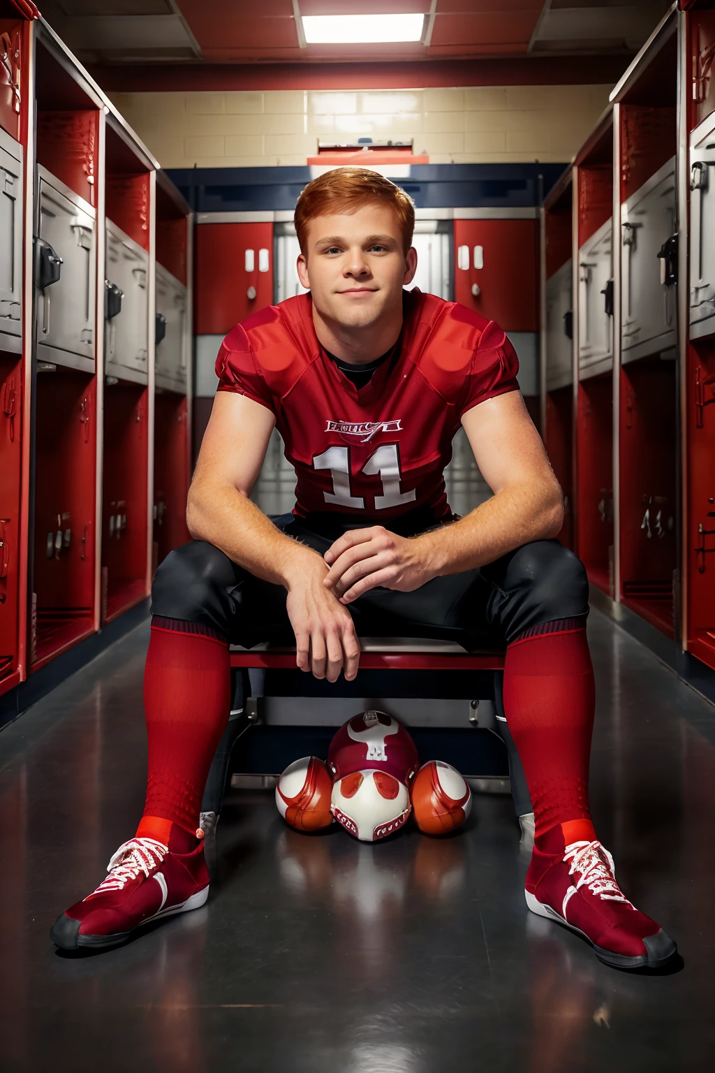 locker room, sitting on a bench, in front of lockers, slightly smiling, auburn hair, CalhounSawyer  is an (American football player), wearing (football uniform:1.2), (red jersey:1.4), red shoulder pads, jersey number 11, (black football pants:1.4), (red socks:1.4), long socks, (black sneakers:1.3), (((full body portrait))), wide angle   <lora:CalhounSawyer:0.8>