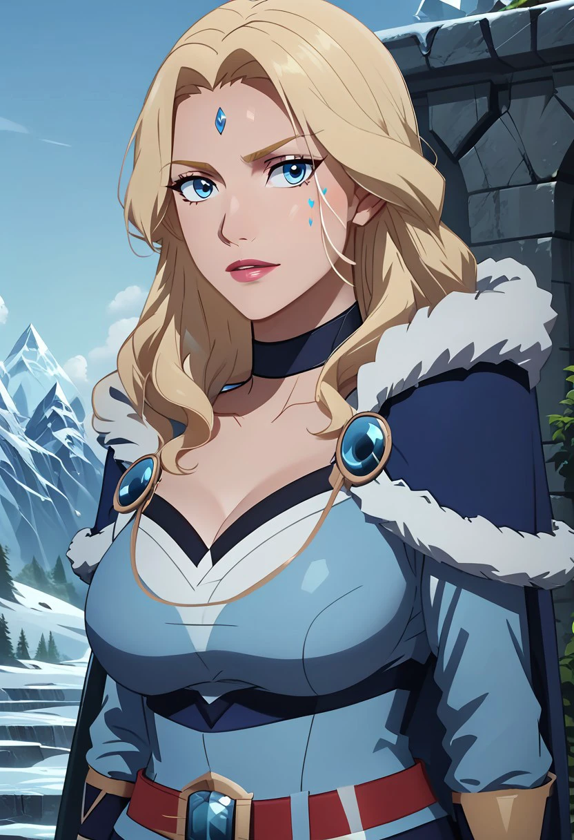 score_9, score_8_up, score_7_up, score_6_up, derpibooru_p_95, 
source_anime, very aesthetic, anime screencap, anime coloring, 
crystal_maiden_anime, crystal_maiden_anime \(dota2\), 1girl, solo, long hair, breasts, blue eyes, blonde hair, large breasts, gloves, cleavage, upper body, choker, belt, cape, fur trim, black choker, facial mark