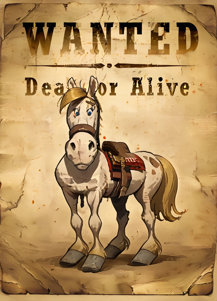 wantedposter of ((jollyjumper, animal)), white horse, blonde mane,
<lora:Wanted-Poster:0.85> <lora:LuckyLukePony:0.8>