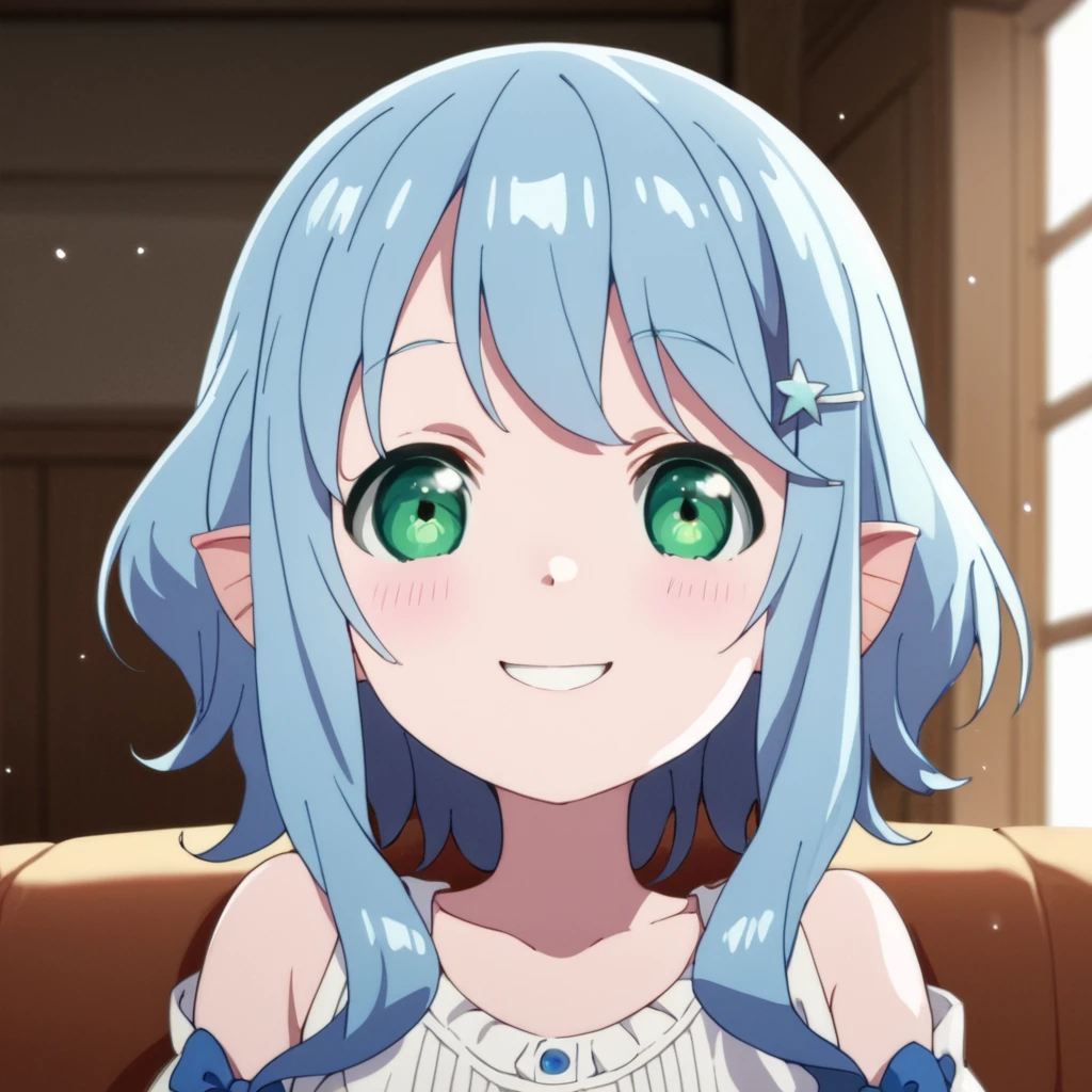 score_9, score_8_up, score_7_up, score_6_up, score_5_up, score_4_up, source_anime,  Myuu, hair ornament, green eyes, blue hair, , smile, portrait