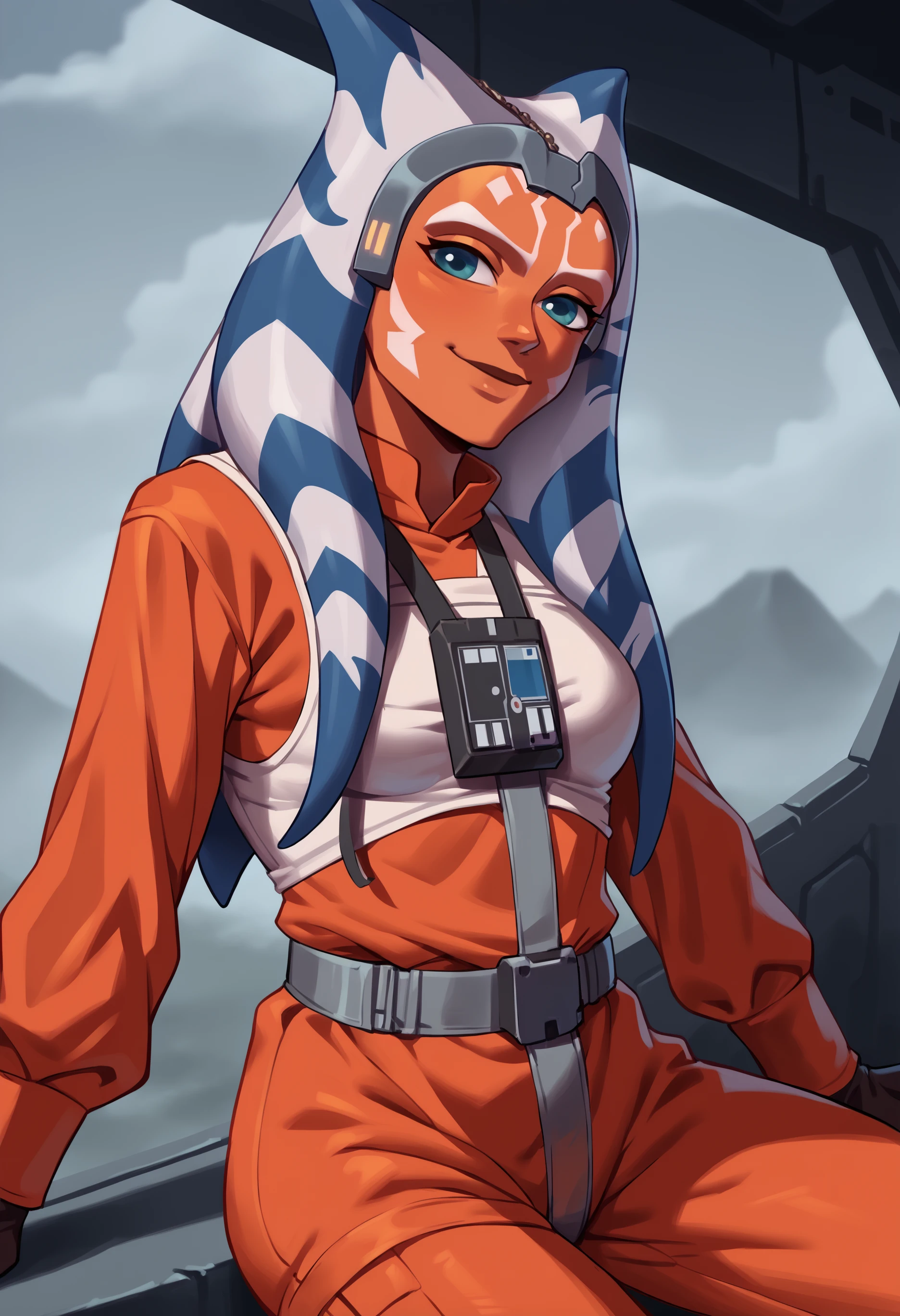 score_9, score_8_up, score_7_up, (rebelpilotsuit, solo,orange pants),female, solo, grey headband, ahss7, medium breasts, <lora:AhsokaS7PDXL_V1-Manityro-adamw:0.8>, outdoors, dark, stormy sky, spacecraft, fog, looking at viewer, smile, closed mouth,, three-quarter view, head tilt
,<lora:RebelPilotPony-000026>