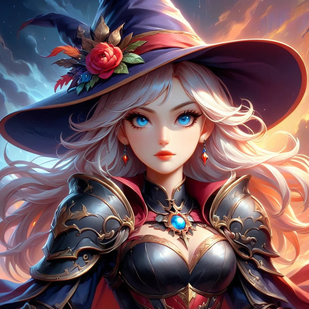 FFROA, A witch knight, wearing witch hat, wearing knight armor, blue eyes, white hair, black gold red purple blue