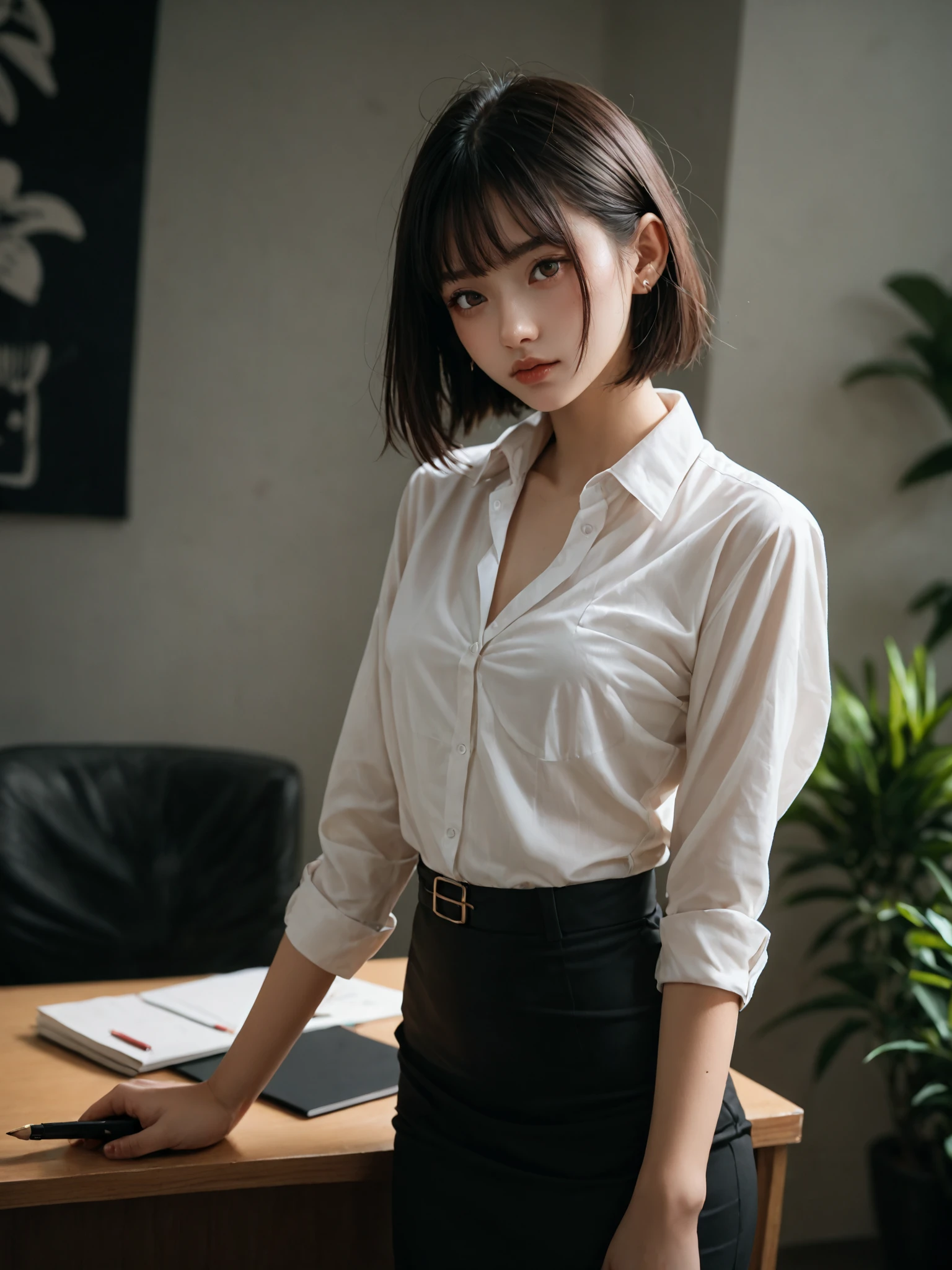 score_9, score_8_up, score_7_up, score_6_up, score_5_up, score_4_up,
dark theme,
20YO, japanese beautiful girl, She is dressed in a white blouse and a black pencil skirt, standing in front of an office desk. (The background depicts a busy office scene.)