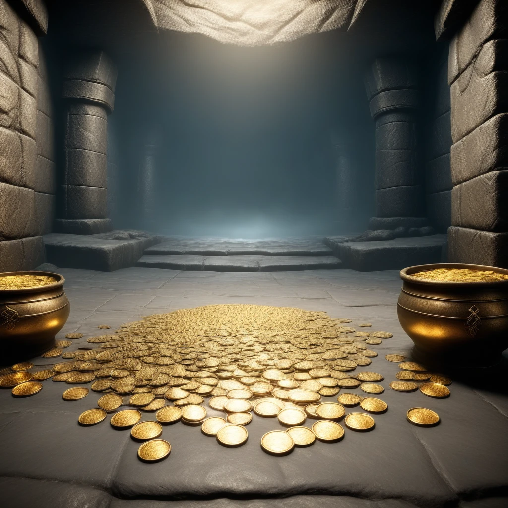 a background of a Skyrim dungeon with fog and gold coins, light leaks, Skyrim background